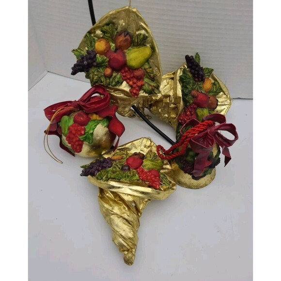 Lot 5 Dept 56 Christmas Tree Ornaments Gold Fruit Cornucopia Ball Bell